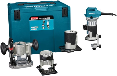 KANTEN-BOVENFREESMACHINE MAKITA CE compleet met diverse hulpstukken*M-box*
